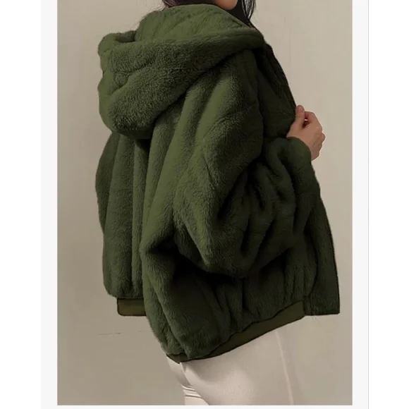 NEW Winter Hooded Fleece Puffer Reversible Long Sleeve Oversized Jacket XS - Picture 2 of 7